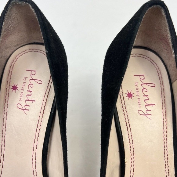 Plenty by Tracy Reese Black Suede Ruffle Bow Heels Size 37.5 US 7.5 - Picture 6 of 9
